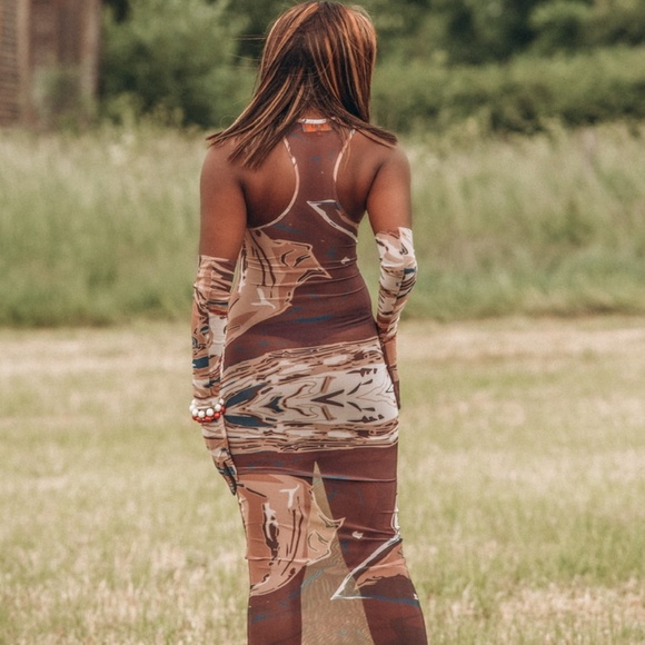 Gaia racer back printed mesh dress- Nude size Small (without gloves) - Picture 1 of 4